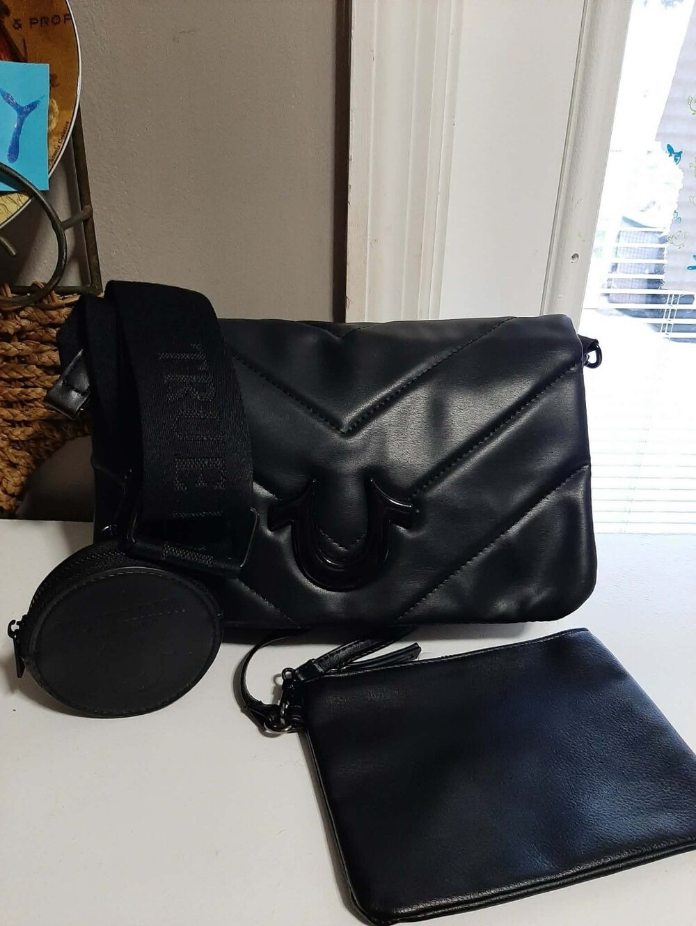 TRUE RELIGION Black Quilted Flap Bag 3 Pc Set